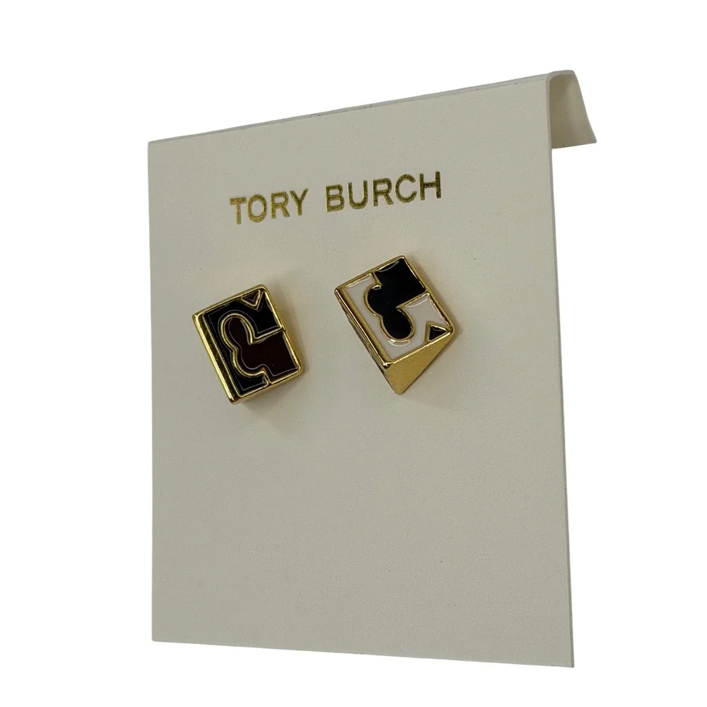 Tory Burch T-Logo Cube‎ Stud Earrings Gold Black White Enamel Geometric Chic